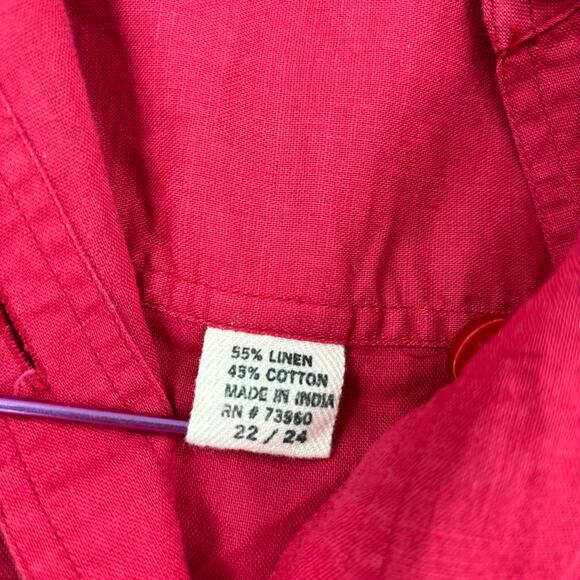 Avenue Blouse Top Women's Size 22/24 Red Linen Cotton Blend Button Up Pockets - Picture 8 of 8